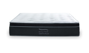 Colchón Centto Plus de la marca Sauter tech visto de frente. Un diseño moderno con una superficie acolchada. Su estructura robusta destaca por un grosor mayor y contiene tecnología 5 zone pocket spring.