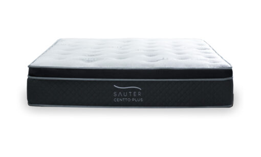 Colchón Centto Plus de la marca Sauter tech visto de frente. Un diseño moderno con una superficie acolchada. Su estructura robusta destaca por un grosor mayor y contiene tecnología 5 zone pocket spring.