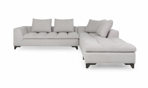 Vista frontal del Modular con Puff Vitaro Plus Plumas de Aristas. Un diseño moderno con un tapizado suave y elegante, un asiento acolchado y patas discretas en madera color Ceniza.