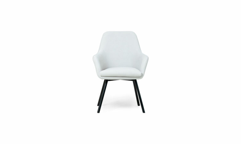 Silla Comedor Turín P/N de la marca Aristas vista de frente. Presenta un diseño moderno y elegante en el color de tela Dickens Cuarzo, con un respaldo alto, ligeramente curvado y patas metálicas delgadas.