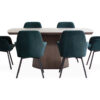 Vista frontal de la Mesa Comedor Milano + 6 Sillas Turin P/N de Aristas. La mesa presenta un diseño moderno y minimalista, con una superficie rectangular lisa, sostenida por una base robusta en madera. Las sillas Turin tienen un respaldo ligeramente curvado y tapizado en tela suave.