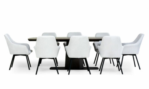 Mesa Comedor Nápoles con 8 Sillas Turín P/N de la marca Aristas vista de frente. La mesa tiene una forma rectangular de acabado liso. Las sillas Turín, con respaldo alto y acolchado en el color de tela Dickens Cuarzo, complementan el conjunto.