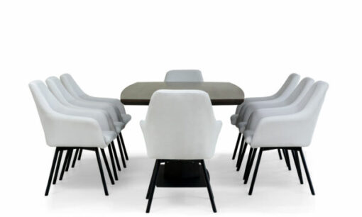 Mesa Comedor Nápoles con 8 Sillas Turín P/N de la marca Aristas vista lateral. La mesa tiene una forma rectangular de acabado liso en madera color Ceniza, y, las sillas Turín cuentan con un respaldo alto y acolchado de color Dickens Cuarzo.