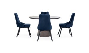 Vista en cruz de la Mesa Comedor Milano redonda con 4 sillas Florencia de la marca Aristas. La mesa presenta una superficie circular de acabado liso, sostenida por una base central en madera. Las sillas Florencia, con un diseño elegante y respaldo acolchado, complementan el conjunto.