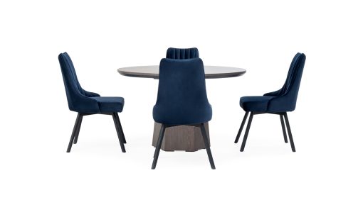 Vista en cruz de la Mesa Comedor Milano redonda con 4 sillas Florencia de la marca Aristas. La mesa presenta una superficie circular de acabado liso, sostenida por una base central en madera. Las sillas Florencia, con un diseño elegante y respaldo acolchado, complementan el conjunto.