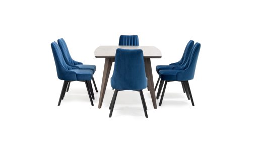 Mesa Comedor Genoa + 6 Sillas Florencia P/N de Aristas, vista en perspectiva lateral. La mesa destaca por su estructura en madera, con una superficie rectangular y patas anguladas. Las sillas Florencia presentan un respaldo alto de líneas elegantes y tapizado suave.