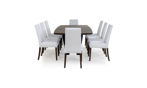 Vista lateral de la Mesa Comedor Versalles con 8 sillas Matiz de la marca Aristas. La mesa destaca por su diseño rectangular en madera color chocolate, y las sillas Matiz, con un diseño contemporáneo de líneas limpias.