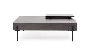 Vista frontal de la Mesa de Centro Maia Plus de la marca Aristas. Un diseño moderno y sofisticado que presenta una superficie amplia en madera, con acabados elegantes y patas delgadas en metal.