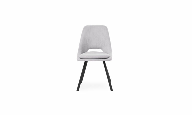 Vista frontal de la Silla Comedor Praga de la marca Aristas. Un diseño moderno y elegante, con un respaldo alto, ligeramente curvado y patas rectas metálicas de color Negro.