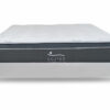 Vista frontal de la Basecama Apolo + Colchón Centto Plus de Aristas y Sauter tech. La basecama Apolo cuenta con un diseño robusto y minimalista, una estructura firme y un acabado en tela suave. El colchón tiene una supericie acolchada y está diseñado con tecnología 5 Zone Pocket Spring.