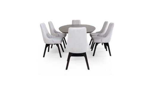 Vista lateral de la Mesa de Comedor Niza con 6 sillas Florencia de la marca Aristas. La mesa presenta un diseño elegante, con una superficie amplia y ovalada en madera. Las sillas, con un estilo moderno y tapizado suave, aportan sofisticación al conjunto.