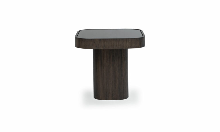 Vista frontal de la Mesa Auxiliar Roma de la marca Aristas. Un diseño elegante y compacto que presenta una estructura alta y robusta en madera con una superficie en espejo.