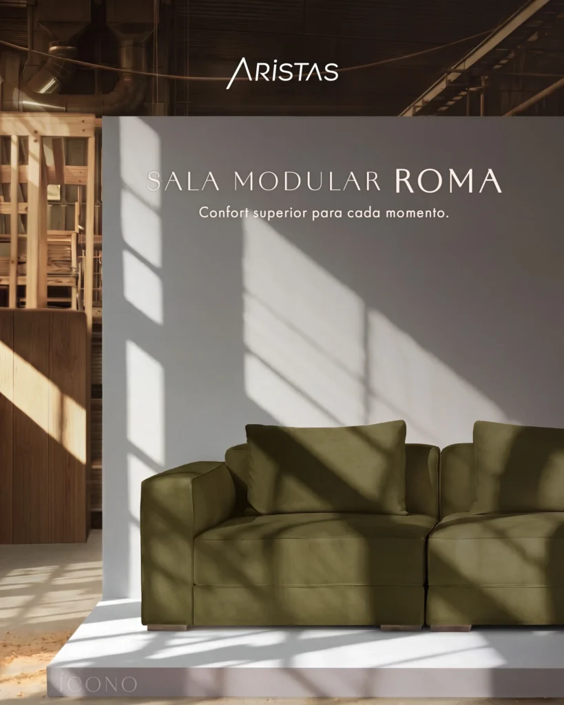Sala Modular Roma tapizada en tela verde oliva, exhibida sobre plataforma en el showroom de Aristas