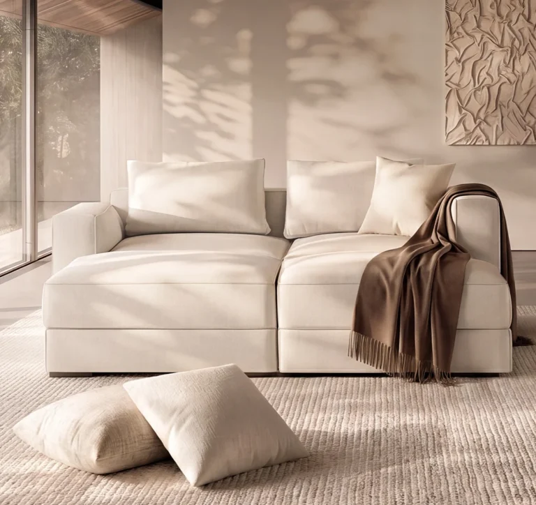 Sala modular en tonos crema con manta caf&eacute; y cojines, iluminada por luz natural filtrada