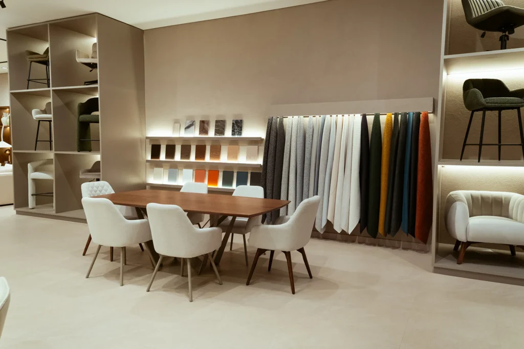 Muro de muestras de telas de colores y acabados junto a un comedor con sillas tapizadas en el showroom de Aristas
