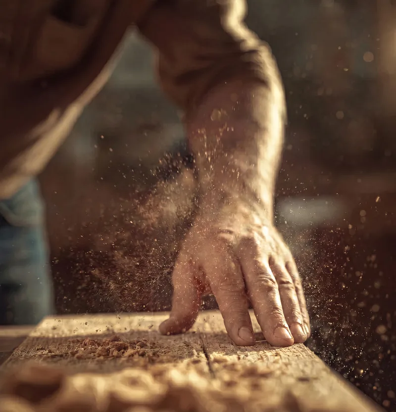Manos de un artesano trabajando una tabla de madera en el taller, con aserrín suspendido a contraluz
