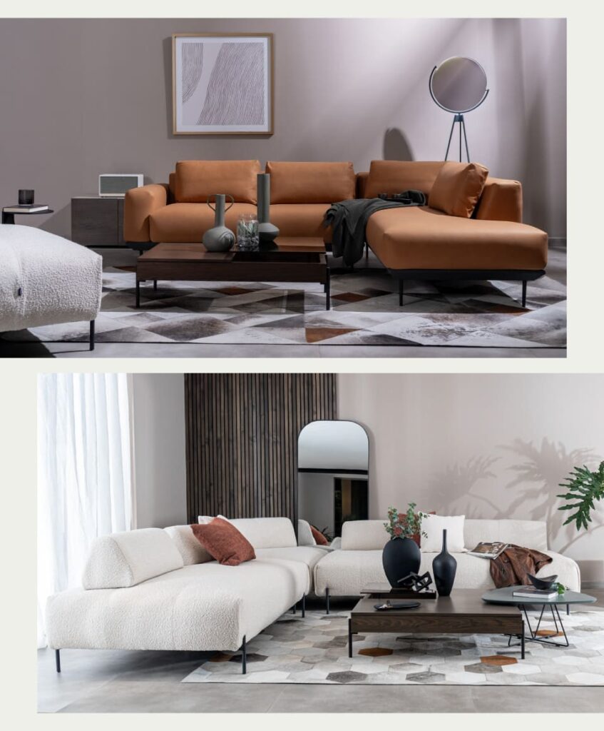 Dos salas: arriba, sofá modular en cuero caramelo con chaise longue y espejo redondo de pie; abajo, modular blanco en bouclé con cojín terracota y espejo arqueado