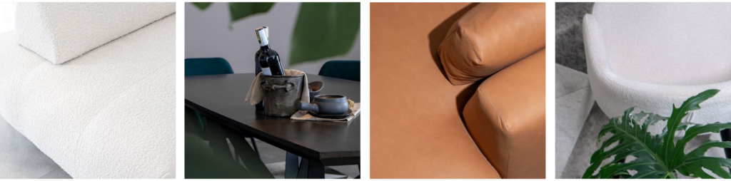 Cuatro detalles: tapizado en bouclé crudo, mesa de comedor oscura con botella de vino y sillas verde petróleo, tapizado en cuero caramelo, y poltrona blanca junto a una planta