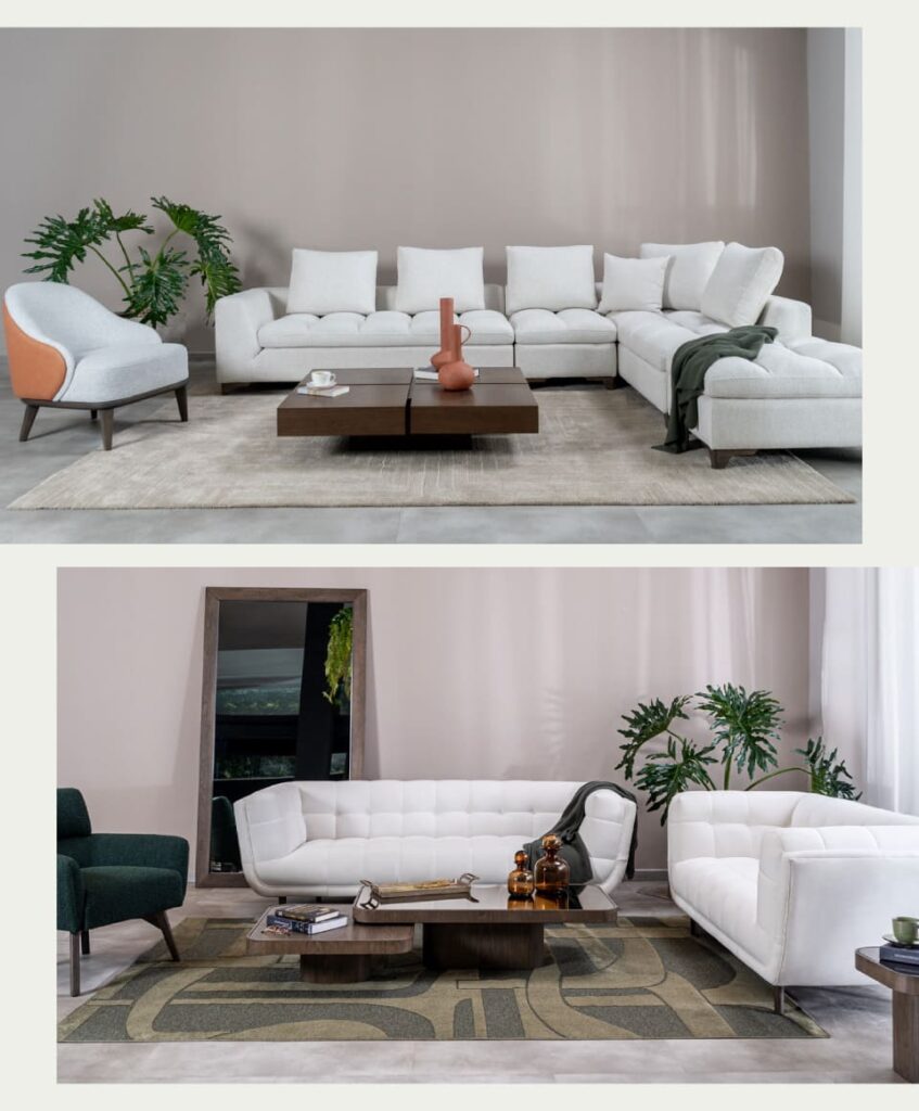 Dos salas de la exposición de conceptos: una modular blanca con poltrona coral y otra con sofás capitonados blancos
