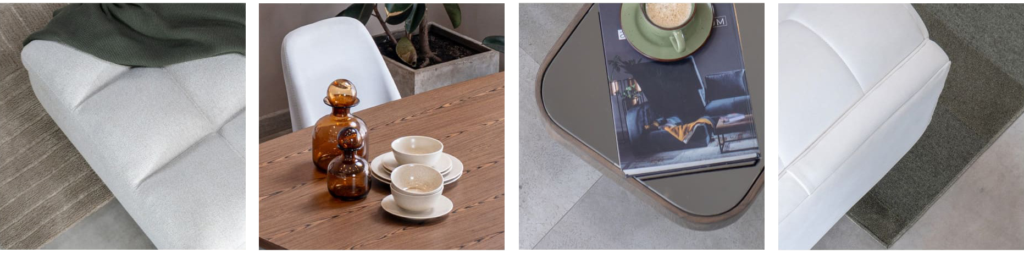 Cuatro detalles: capitonado blanco con manta verde, mesa de madera con botellas de vidrio ámbar y tazas, revista sobre una mesa de vidrio bronce, y esquina de un sofá blanco