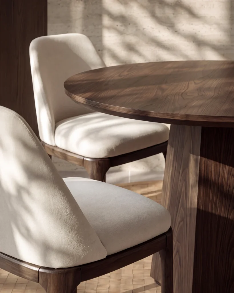 Detalle de mesa de comedor redonda en madera oscura con sillas tapizadas en tela crudo