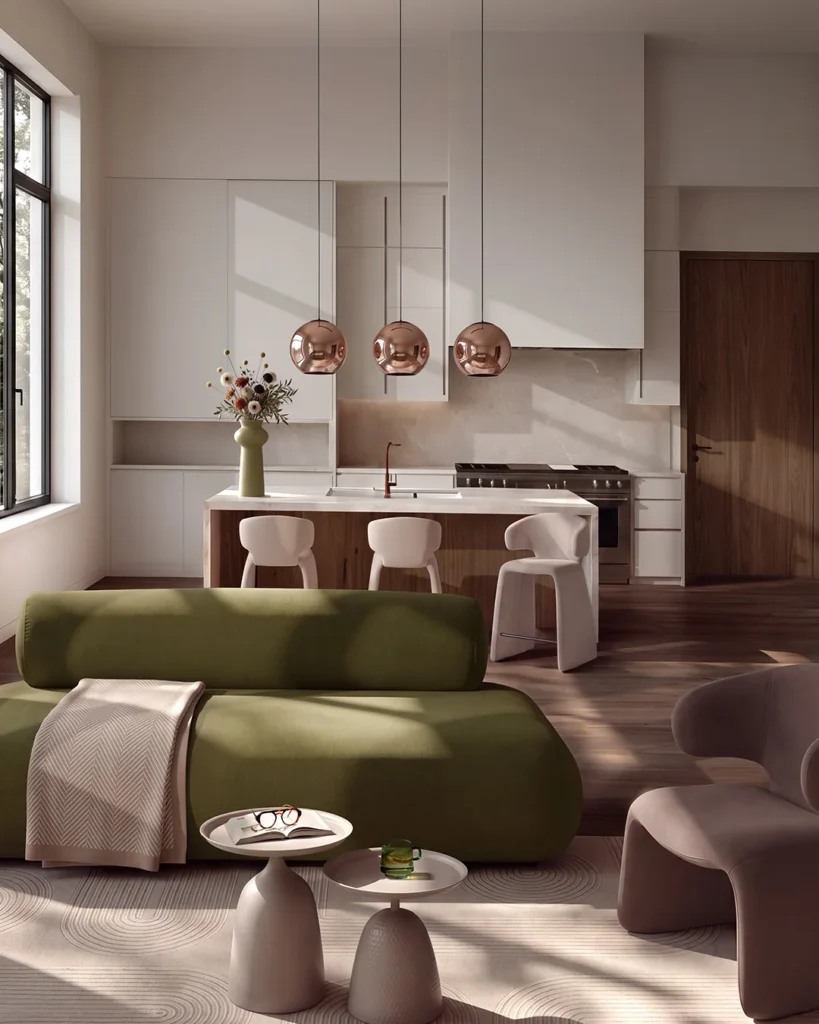 Cocina abierta con isla en madera y tres sillas bar en tono crudo bajo lámparas colgantes color cobre, junto a un sofá modular verde oliva