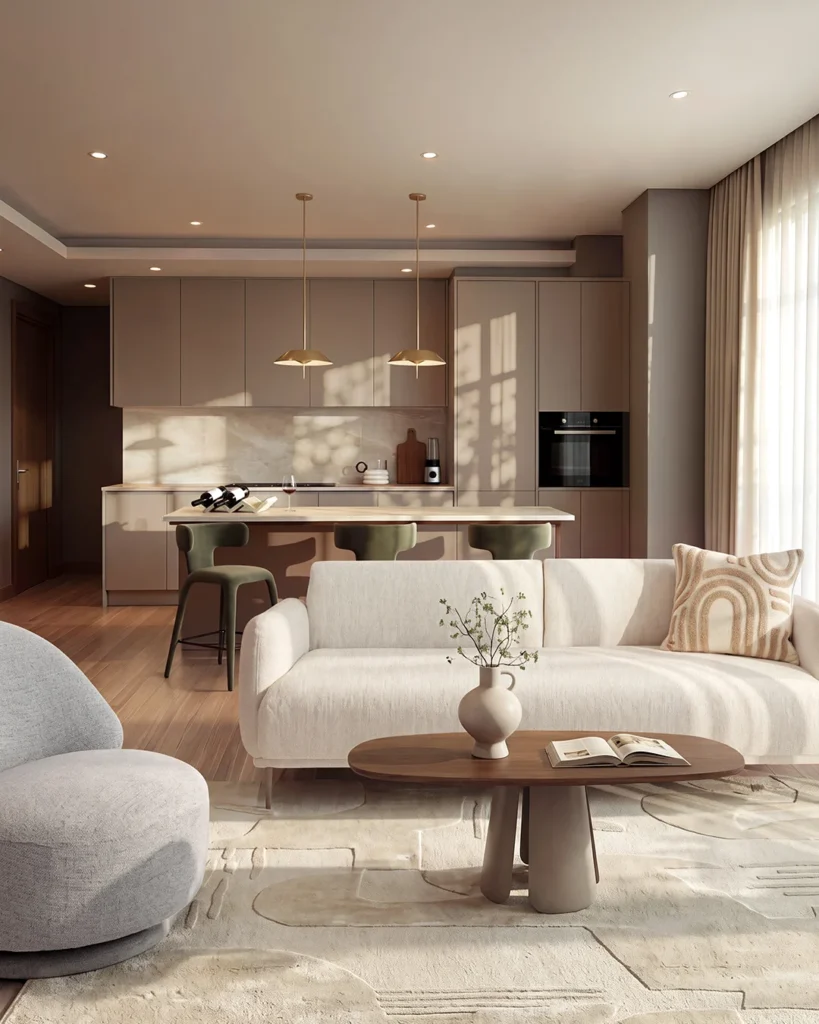 Sala compacta integrada a la cocina, con sofá en tela crudo, mesa de centro en madera y sillón bouclé gris