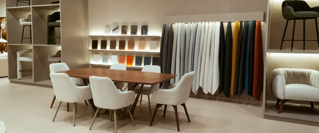 Muro de muestras de telas y acabados junto a un comedor en madera con sillas tapizadas en crudo