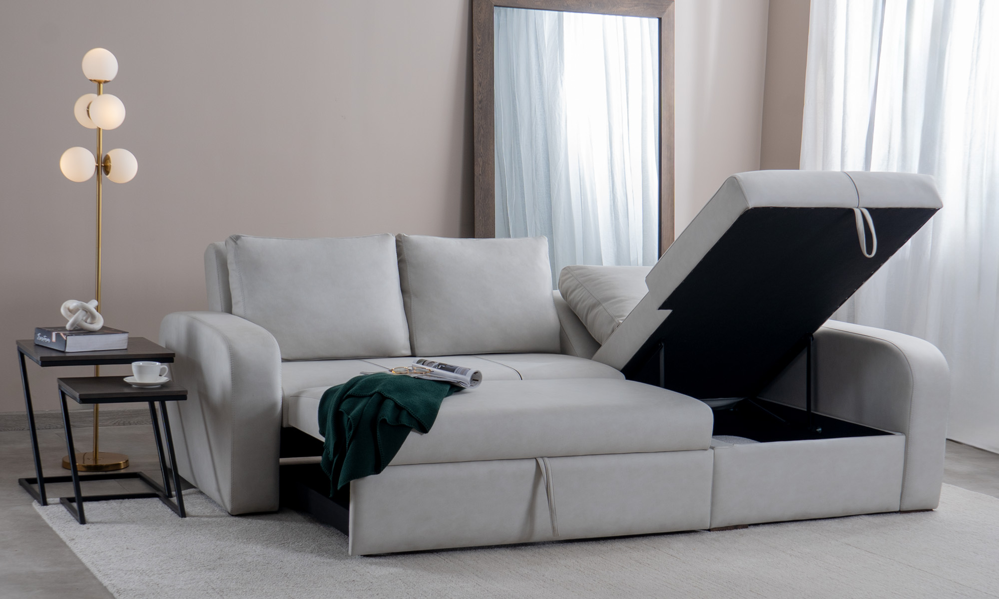 Sala En L Sofá Cama Multifuncional Napoli Plumas en ambiente