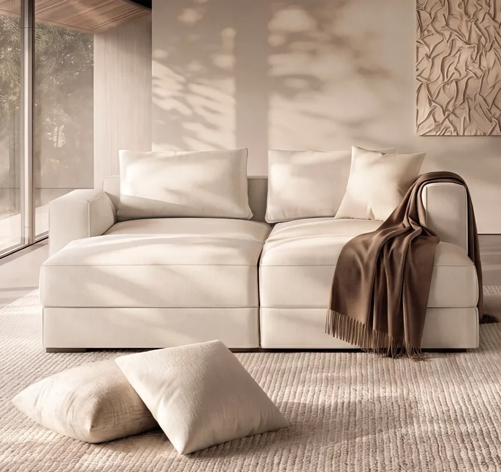 Sala modular en tonos crema con manta café y cojines, iluminada por luz natural filtrada