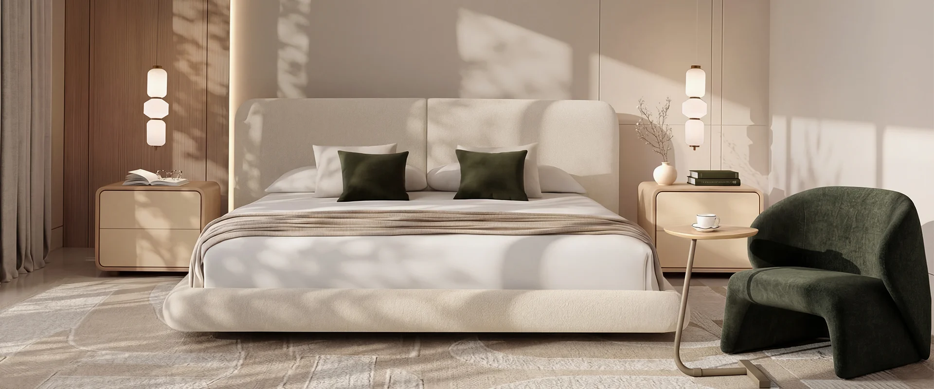 Dormitorio con cama tapizada en beige, cojines verde oliva y sillón de terciopelo verde junto a la ventana