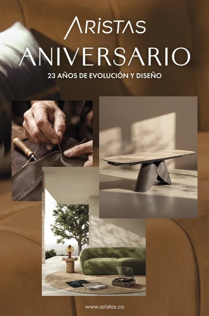 Afiche de aniversario de Aristas, «23 años de evolución y diseño», con imágenes de costura en cuero, una mesa de comedor y un sofá verde en una terraza