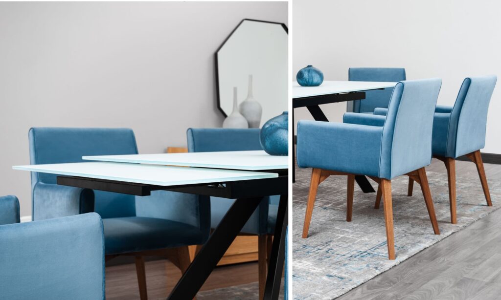 Dos vistas de un comedor con mesa de tapa blanca y base negra, y sillas tapizadas en azul