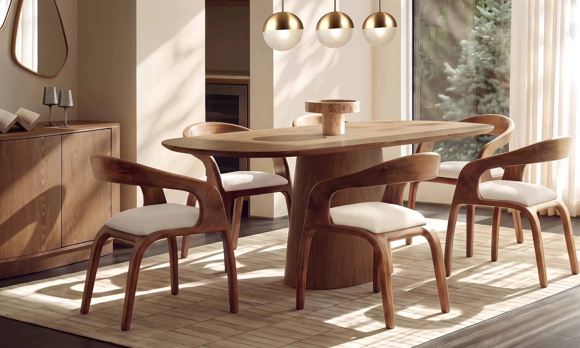 Comedor con mesa ovalada de madera, seis sillas de espaldar de madera con asiento crudo y tres lámparas colgantes
