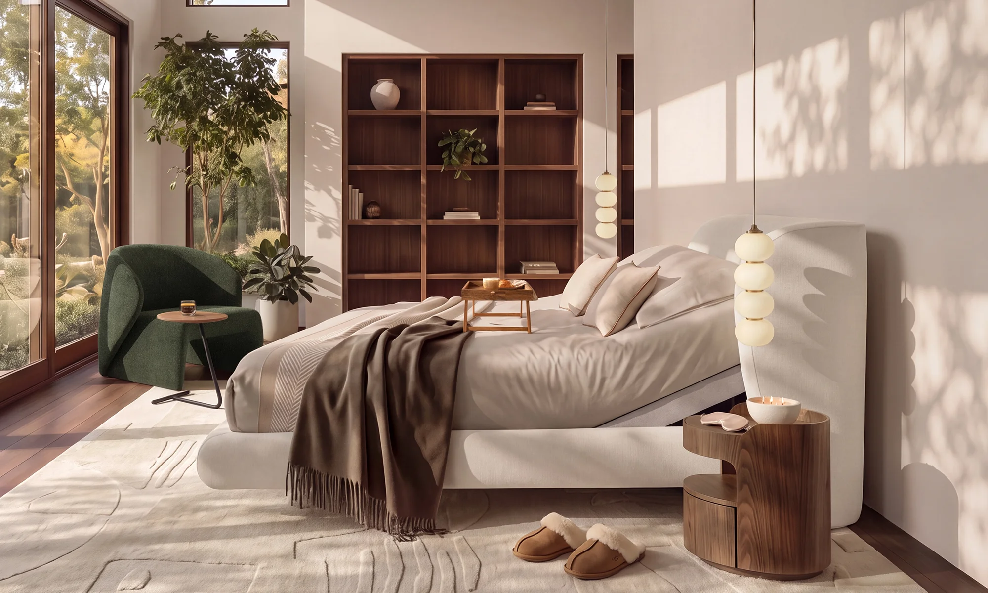 Dormitorio con cama de cabecero curvo en tono crudo, nochero de madera, poltrona verde y biblioteca de nogal