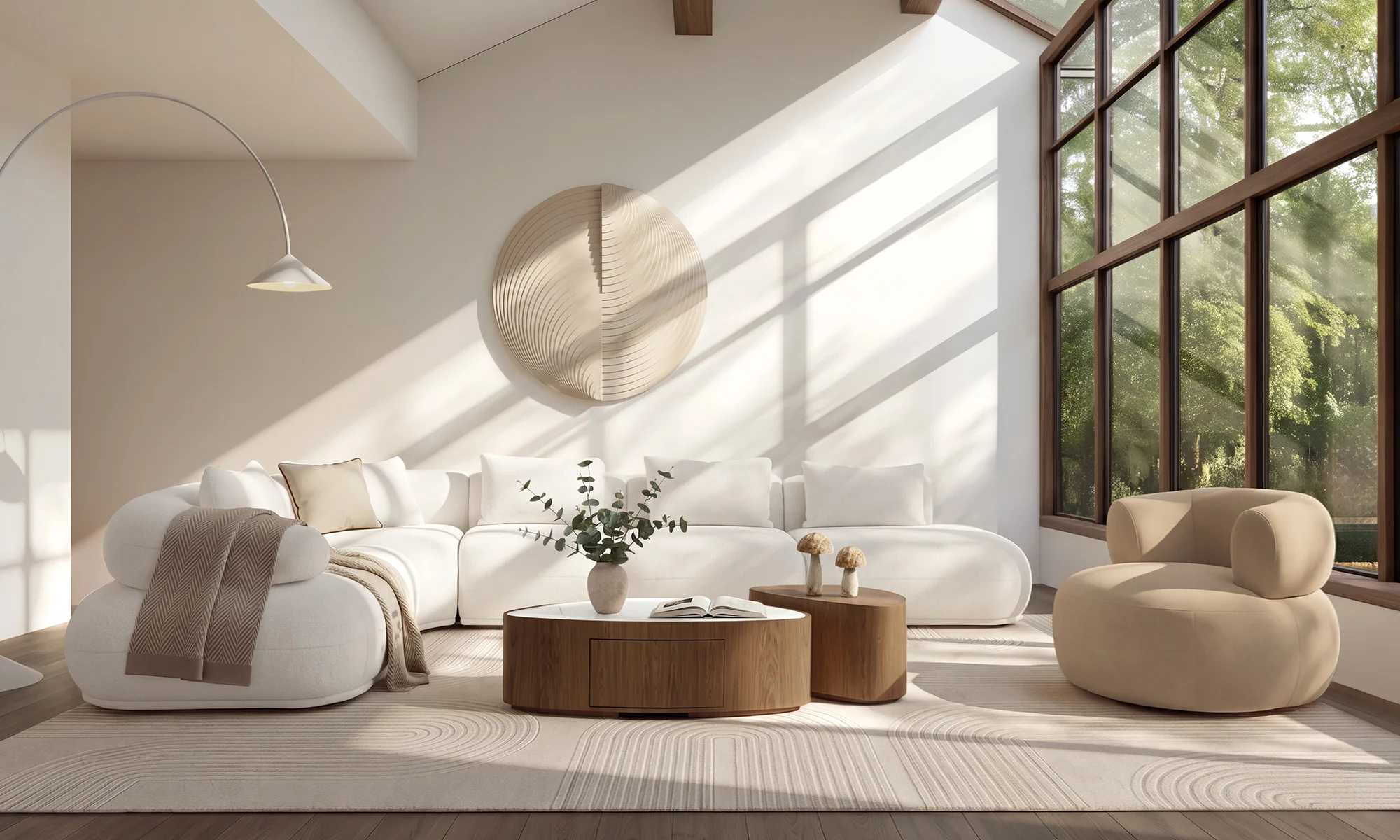 Sala amplia y luminosa con sofá modular blanco, mesas de centro de madera y poltrona beige junto a un gran ventanal