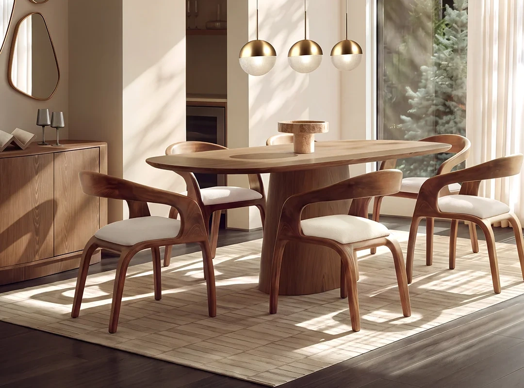 Comedor con mesa ovalada de madera y sillas de madera curva con asiento claro, sobre un tapete, bajo lámparas doradas