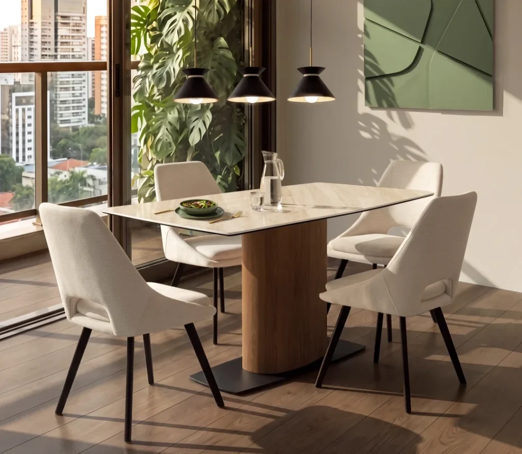 Comedor compacto para cuatro con mesa de cubierta clara, base de madera y sillas tapizadas en blanco junto a la ventana